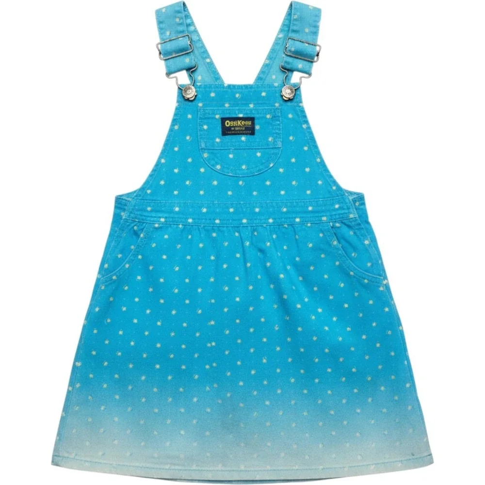 OshKosh Bgosh 70s Girls Blue Floral Denim Overall Jumper Dress Size 4 Vintage